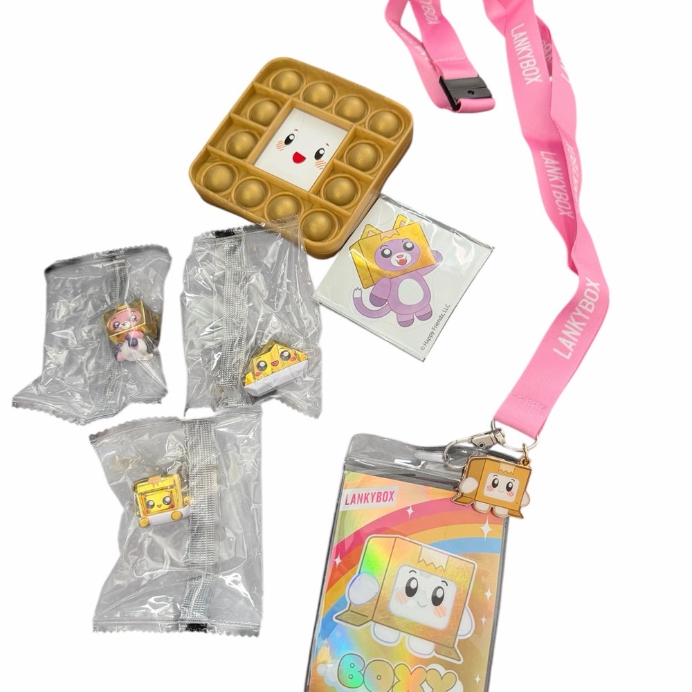 Lanky box lot! Lanyard, 3 character, 1 pop it pad, and stickers! All new!
